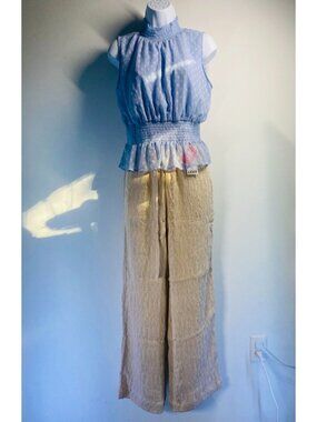 Cider NWT Elastic Waist Textured Beige Pants With Lightweight Fabric For Casual